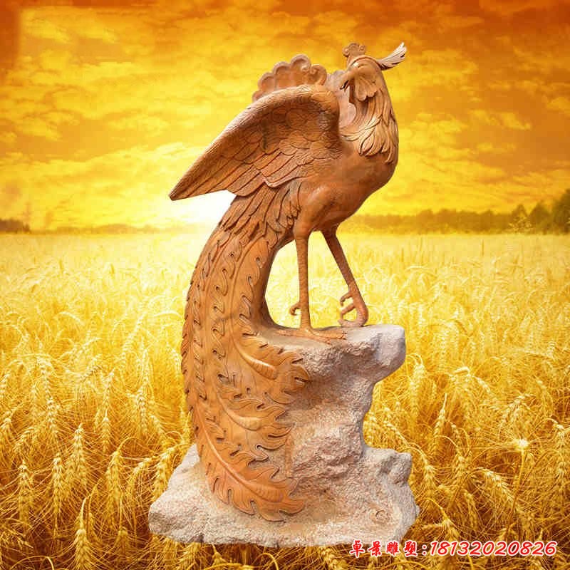 凤凰石雕，晚霞红景观摆件[1][1]
