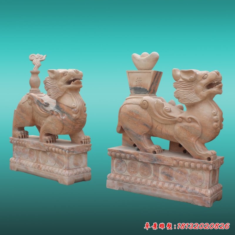 貔貅石雕，晚霞红貔貅石雕，招财貔貅雕塑 (2)[1][1]