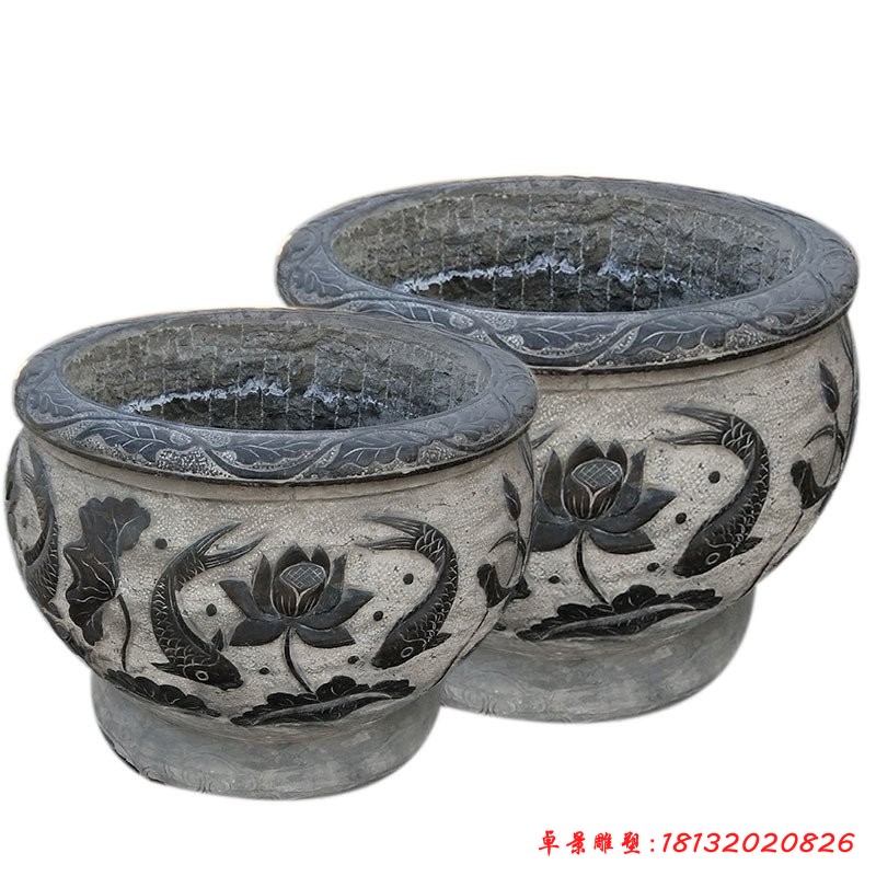 鲤鱼荷花石浮雕水缸庭院景观石雕 (2)