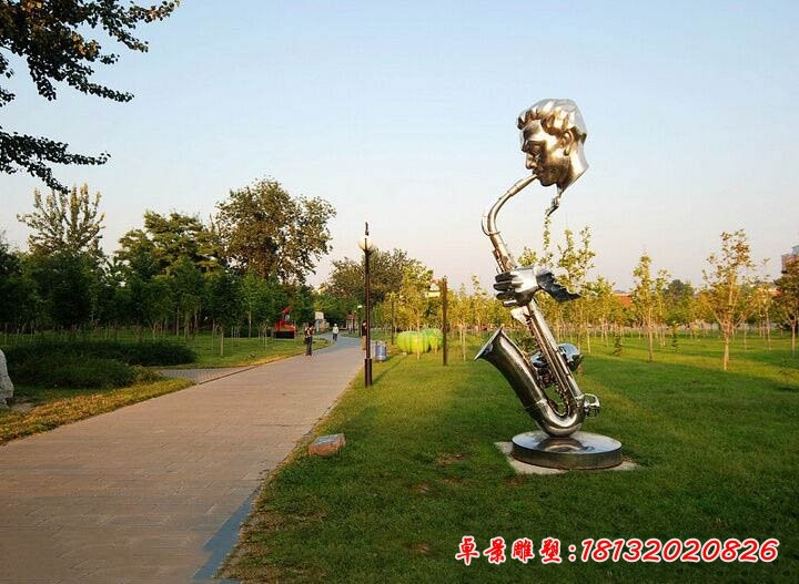 抽象人物吹萨克斯雕塑 不锈钢抽象人物雕塑 公园景观雕塑[1][1]